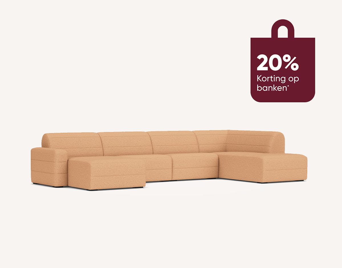 Beige sectional sofa with a modern design on a light background. A maroon icon indicates a 20% discount on sofas.