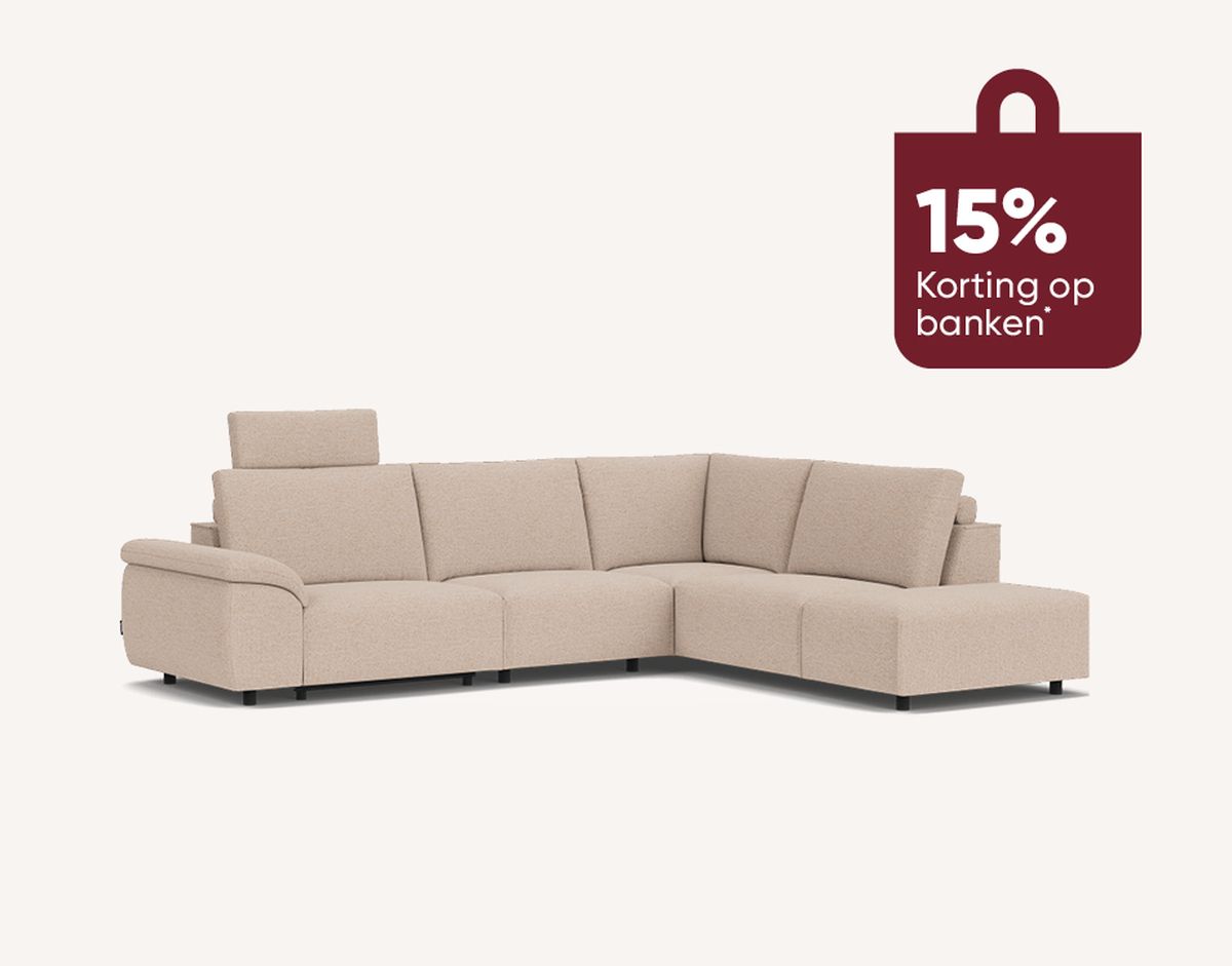 L-shaped beige sofa with adjustable headrest on a white background, accompanied by a 15% discount tag in Dutch.