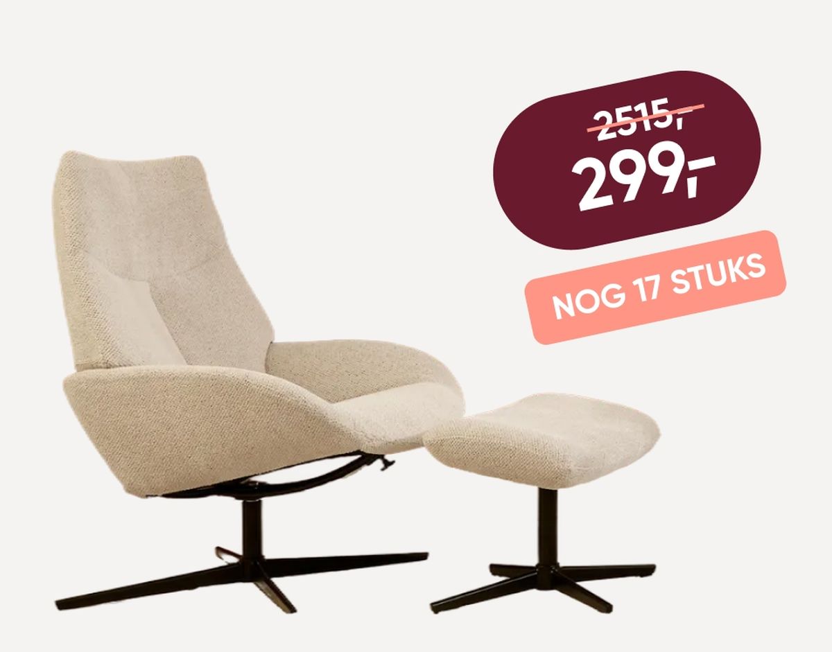 Beige swivel chair and matching ottoman on sale for 299, reduced from 2515, with 17 pieces remaining.