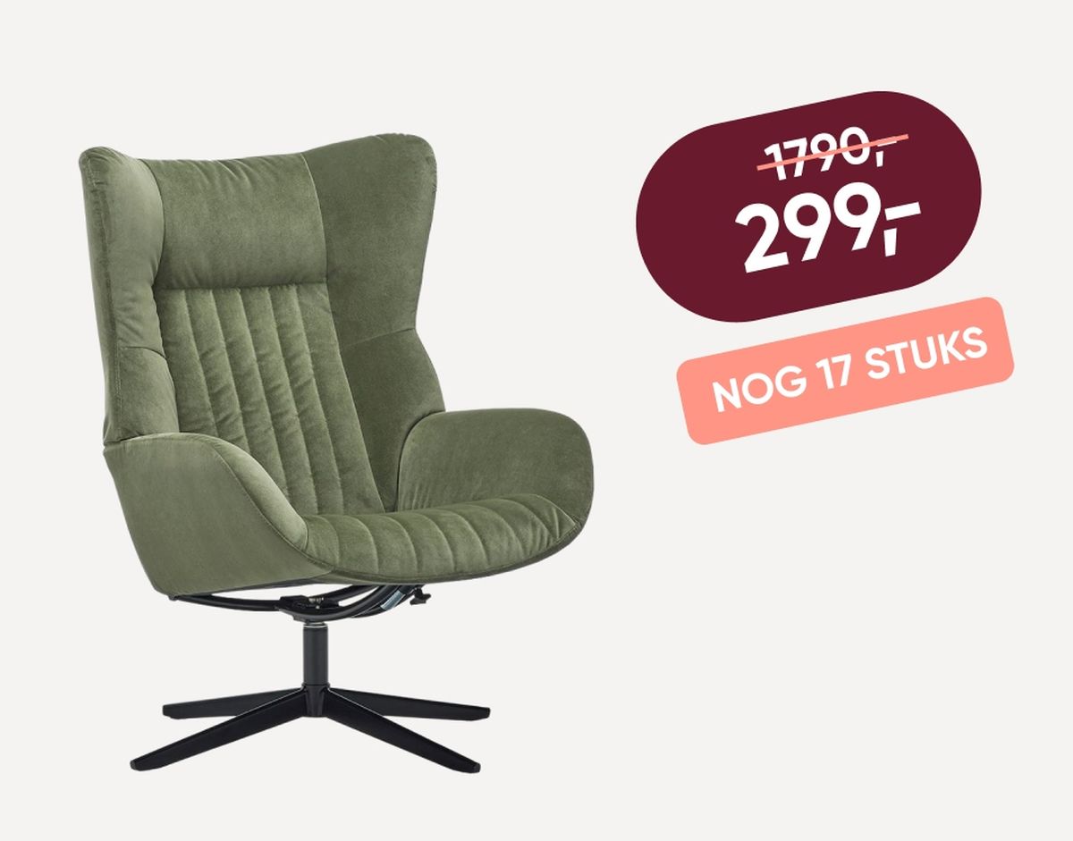 Green swivel chair with a high backrest and textured upholstery. Sale price shown as 299, reduced from 1790. "Nog 17 stuks" indicates limited stock.