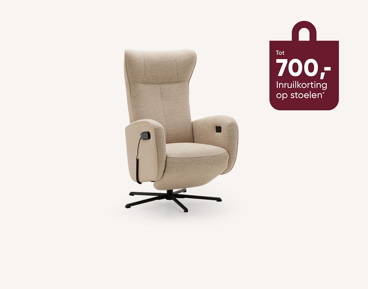 Brown recliner chair with a foot lever and black swivel base. Includes a promotional sign for a discount of up to 700 on chairs.