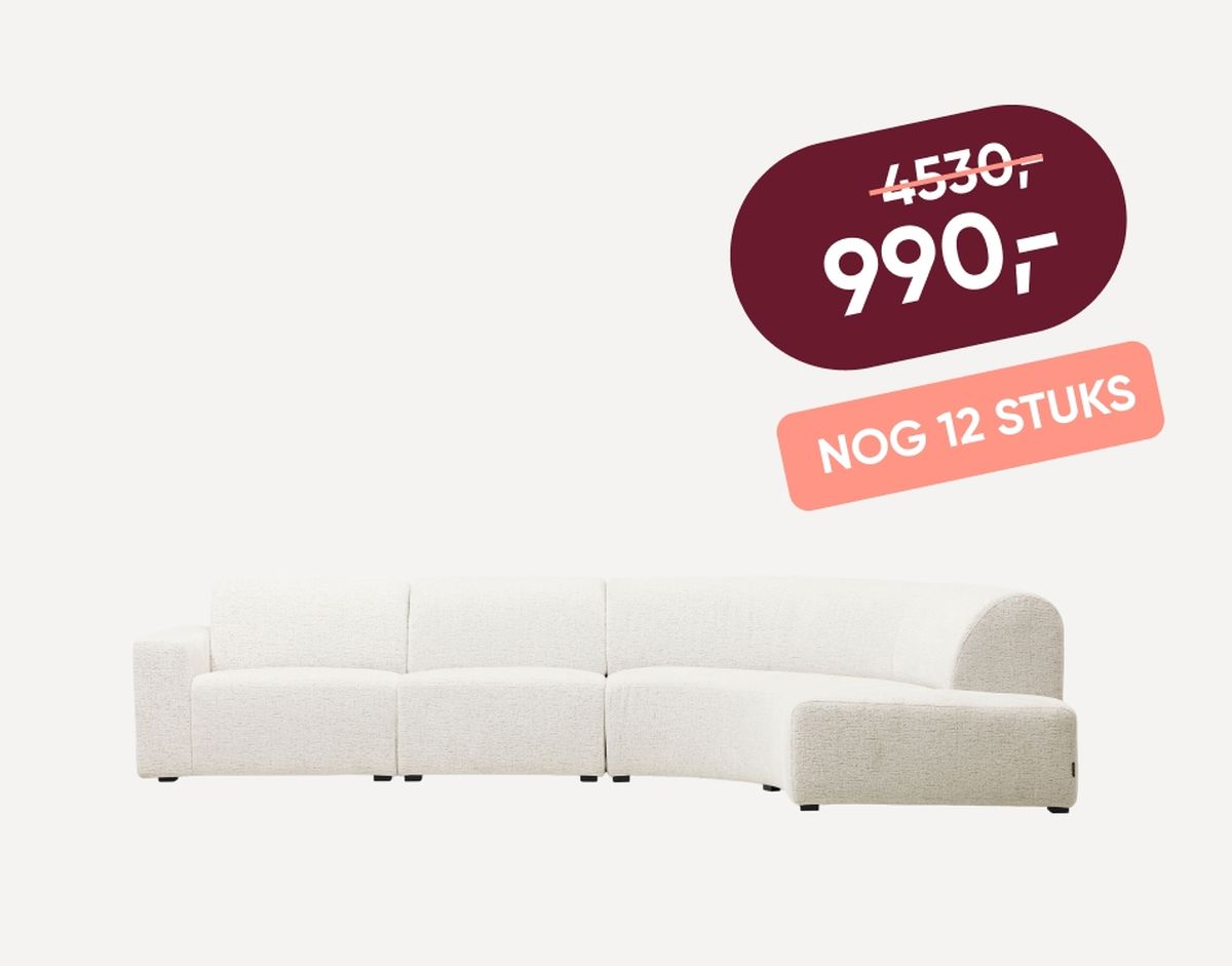 White curved sectional sofa with a sale price of 990 euros, down from 4530 euros, and note indicating "12 pieces left."