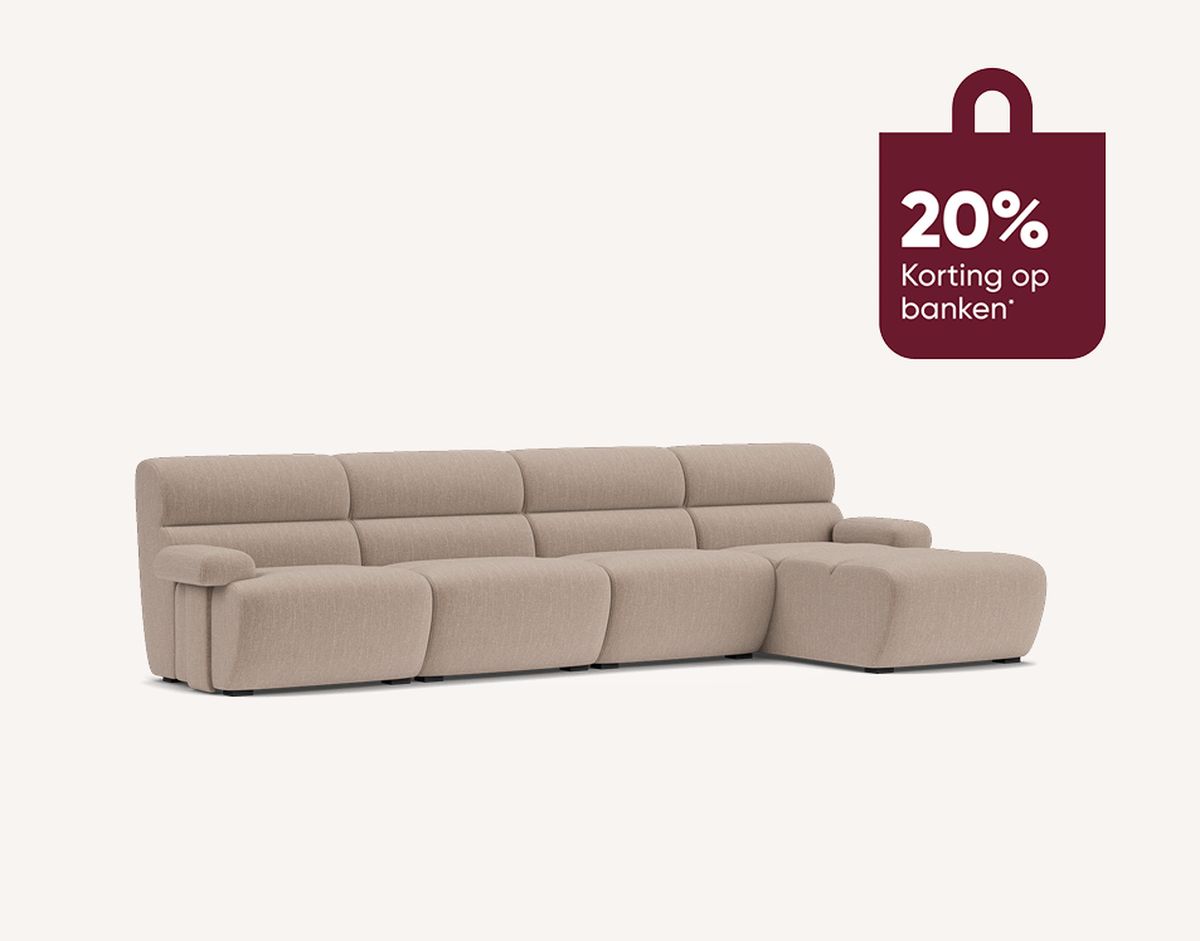 Beige corner sofa with a modern design on a light background. A maroon label in the top-right corner reads "20% Korting op banken."