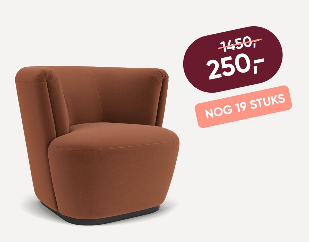 Brown upholstered chair with a rounded backrest. Price reduced from 1450 to 250, with only 19 pieces left indicated on a tag.