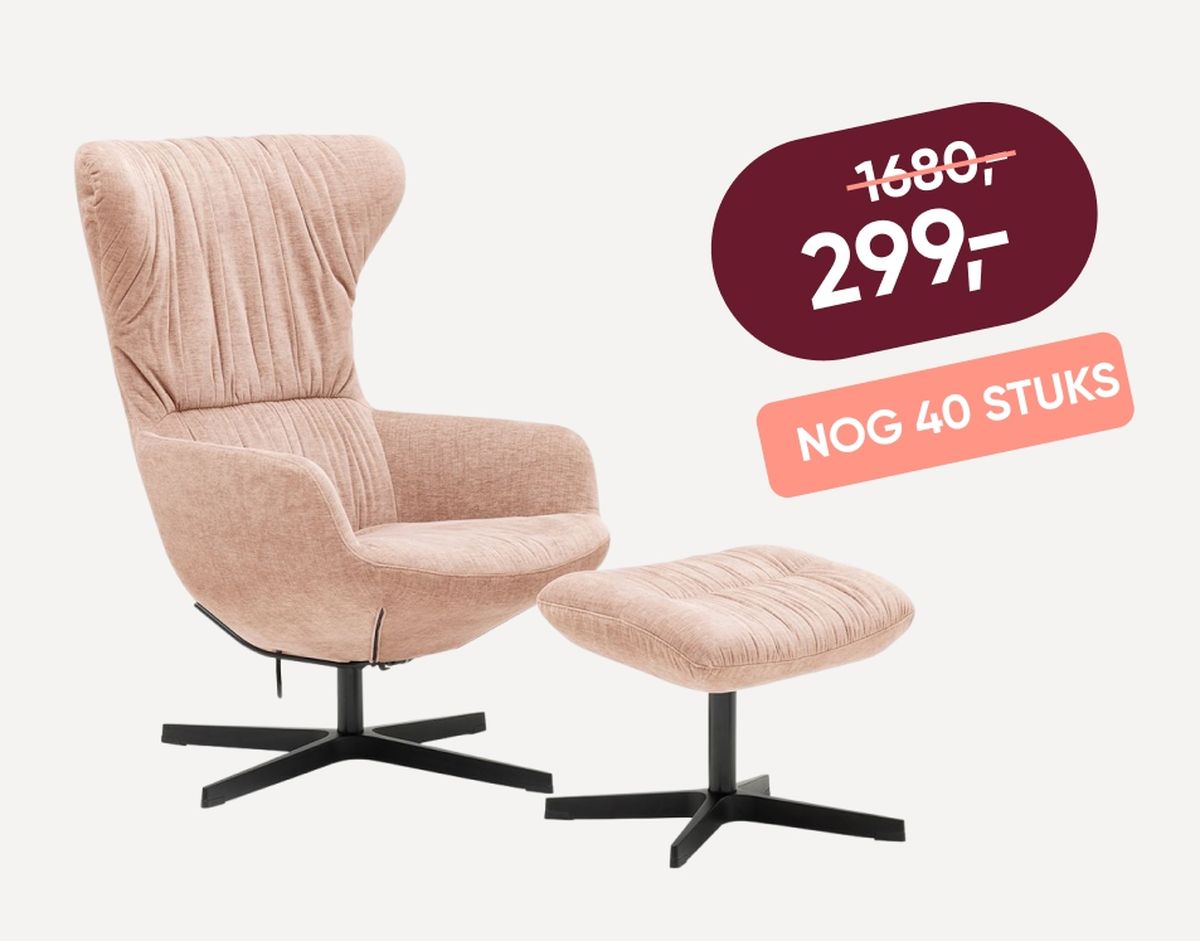 Beige swivel armchair and matching footstool with black metal bases, offered at a discounted price of 299 instead of 1699. 40 pieces left.