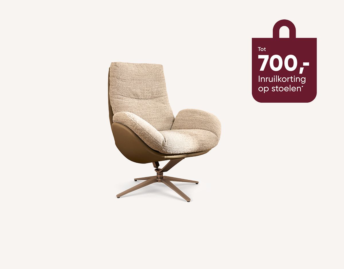 A modern swivel chair with beige upholstery and a brown base. A discount offer image is shown beside it.