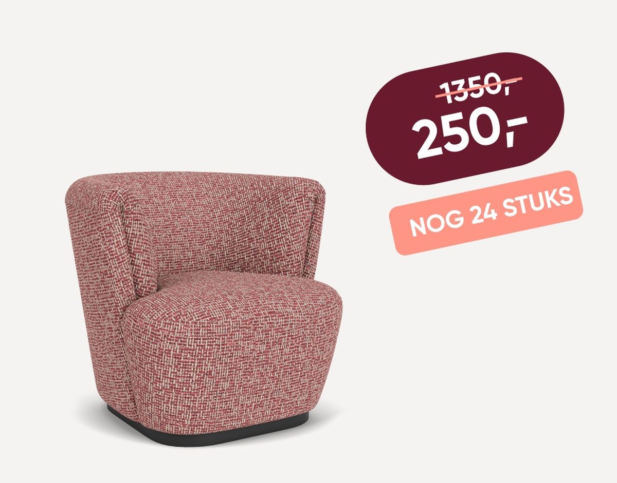Red textured chair with a discount tag, originally priced at 1350 now 250, with 24 pieces left in stock.