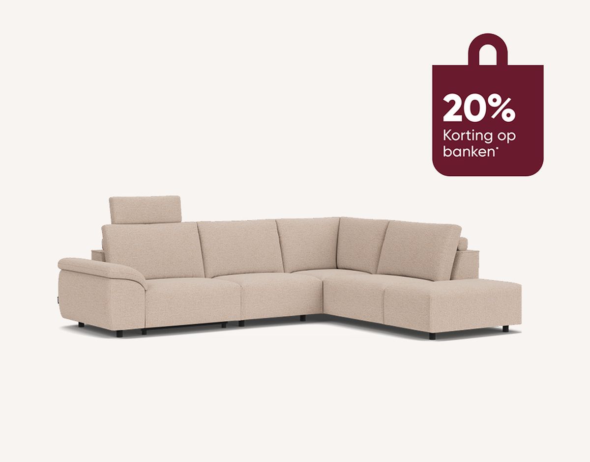 Beige sectional sofa with headrest on left, shown on a plain background. A maroon badge in the corner indicates 20% discount on sofas.