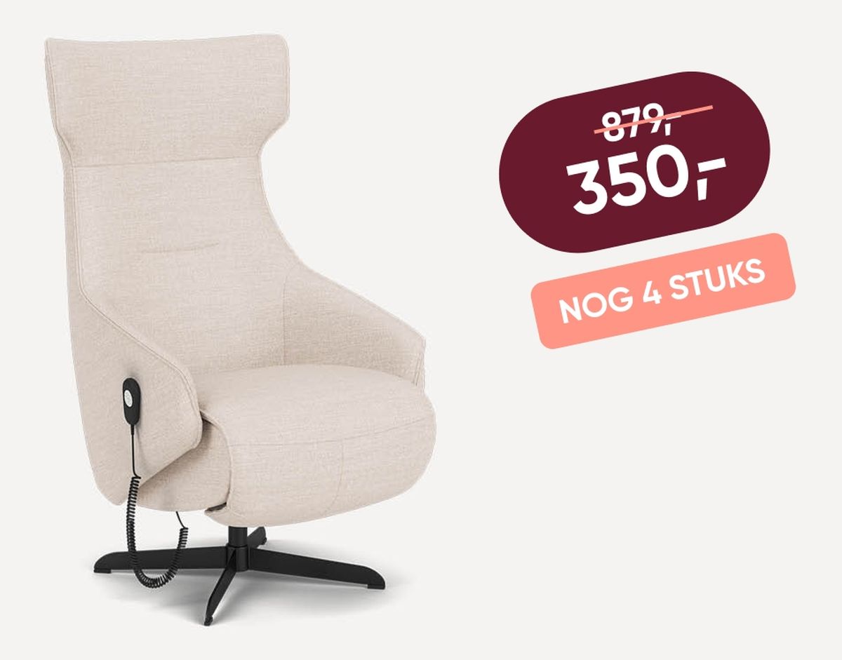 Beige fabric lounge chair with a remote on the side, priced at 350 with a discount from 879, and a note saying "NOG 4 STUKS."