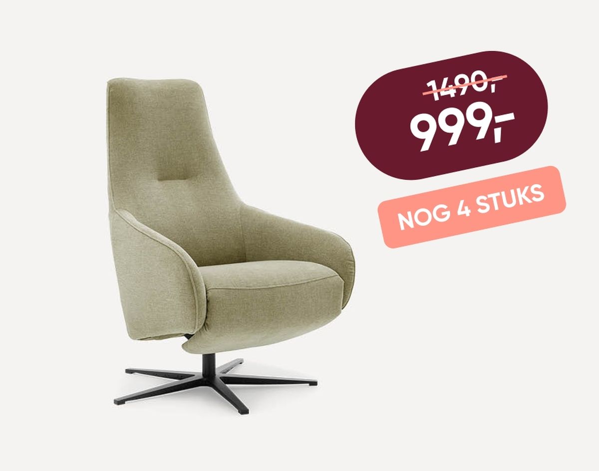 A beige swivel chair with a high back and modern design, priced at 999 with a previous price of 1499, and only four left in stock.