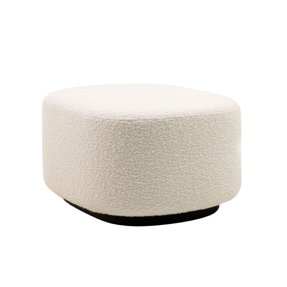 Fritz pouf by Collett & Victor, a low round pouf with a soft textured fabric in off-white and a contrasting black base.