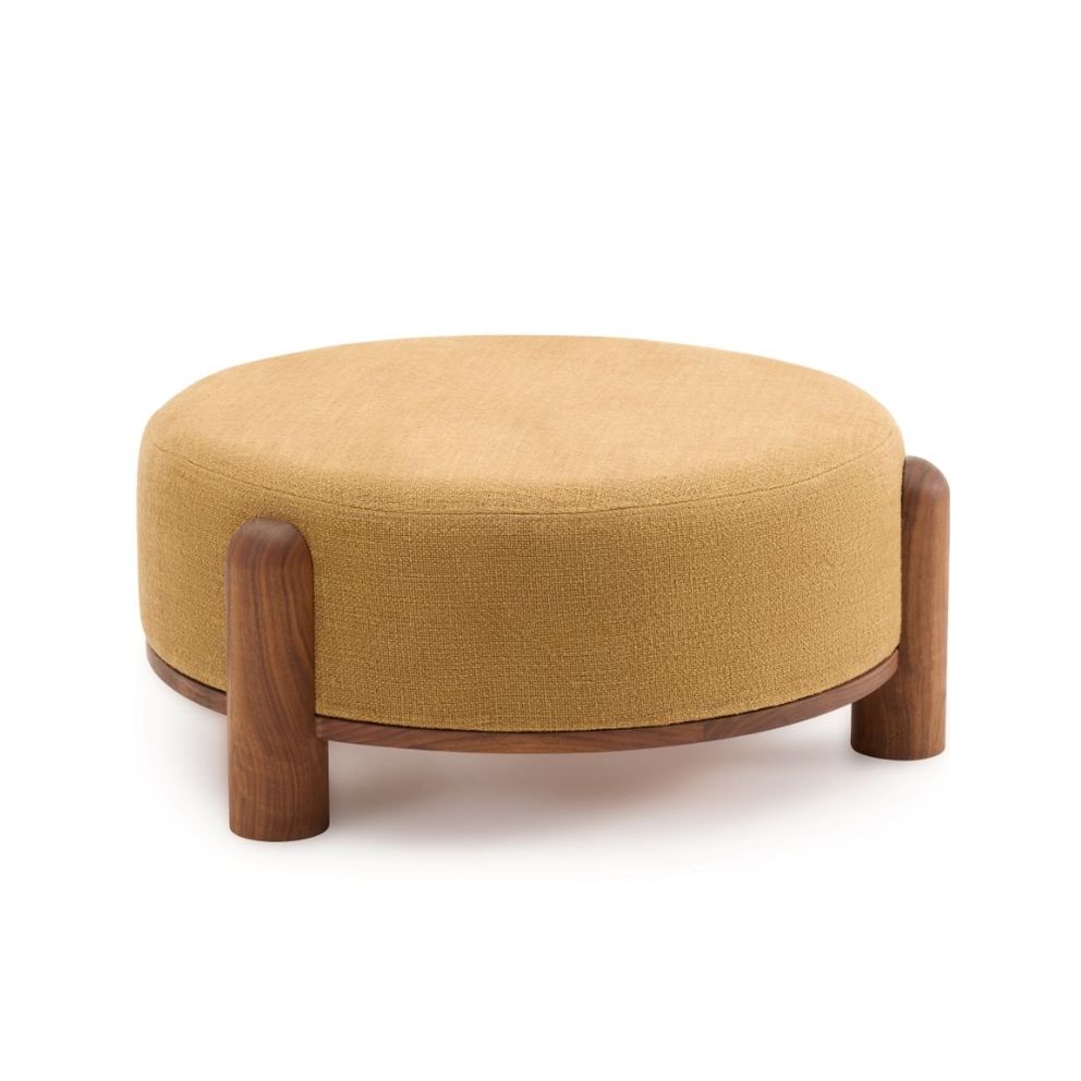 Round Otis pouf in mustard yellow fabric with wooden base and curved legs