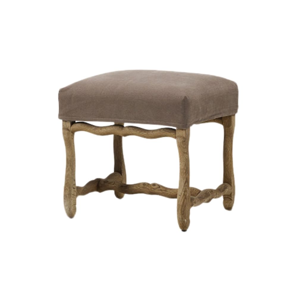 Collett & Victor Os de Mouton footstool with brown fabric seat and carved wooden base.