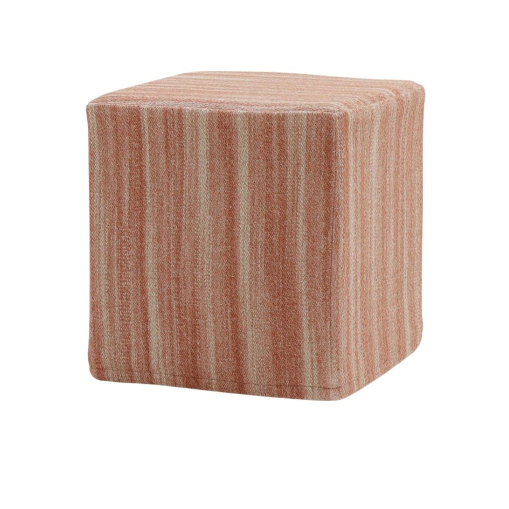 Kubus pouf by Collett & Victor in striped terracotta fabric, cube-shaped with soft edges.