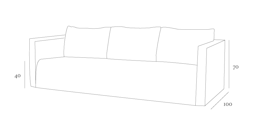Line drawing of a sofa with three cushions, featuring dimensions: height 70, depth 100, and cushion height 40.