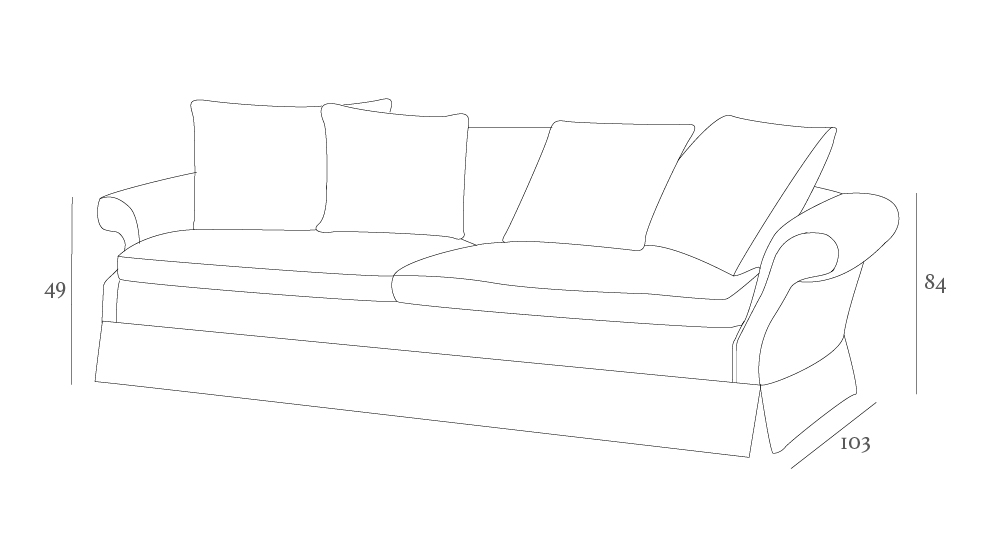 Line drawing of a three-cushion sofa with dimensions: height 84, depth 103, and armrest height 49. Features rolled arms and a skirted base.