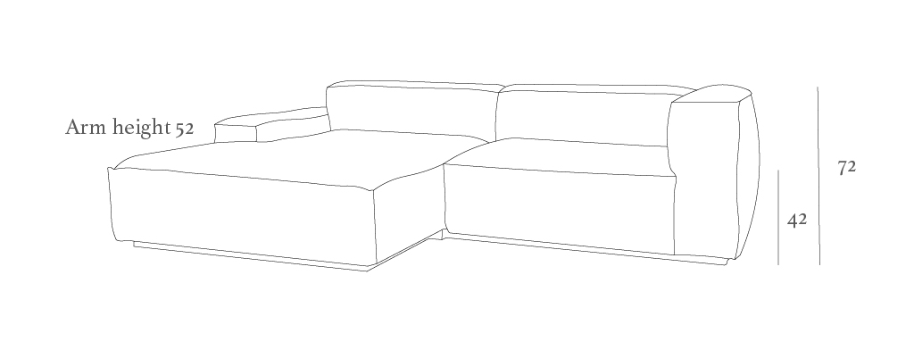 Line drawing of a modern L-shaped sofa with dimensions: arm height 52, total height 72, and seat height 42.