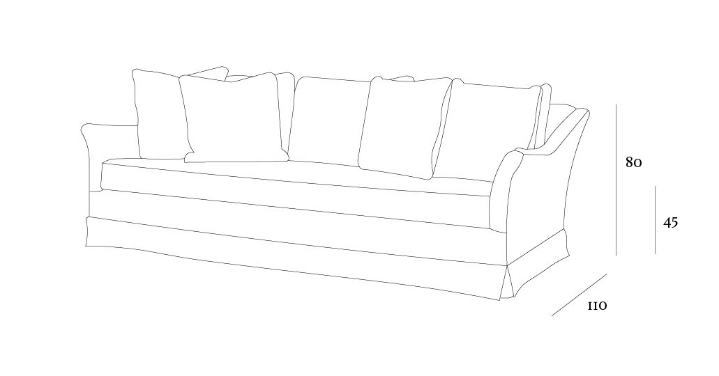 Line drawing of a sofa with three back cushions and two armrests. Dimensions are 80 cm high, 45 cm seat height, and 110 cm deep.