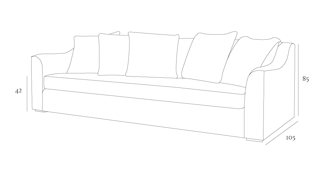 Line drawing of a sofa with three large cushions, sloped armrests, and dimensions marked: height 85, depth 105, and seat height 42.