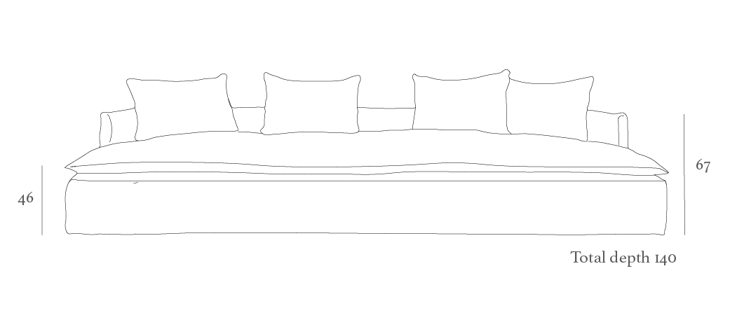Line drawing of a sofa with five cushions. Dimensions are shown: height 67, seat height 46, and total depth 140.
