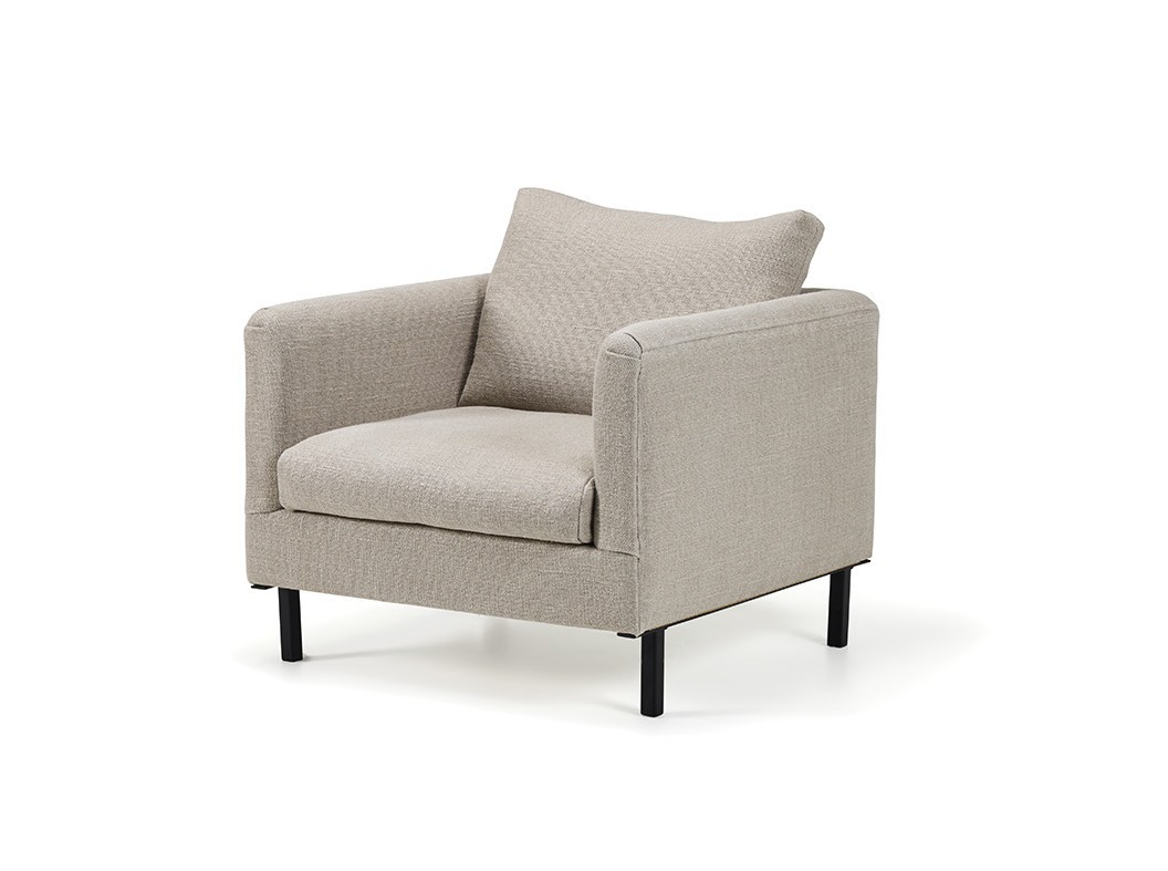 A modern beige Babette one-seater armchair with clean lines and a cushion on a black metal frame. The chair's minimalist design features a square backrest and armrests, providing a sleek and contemporary look.