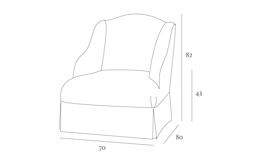 Line drawing of an upholstered chair with dimensions: 82 cm tall, 70 cm wide, 80 cm deep, and a 43 cm seat height.