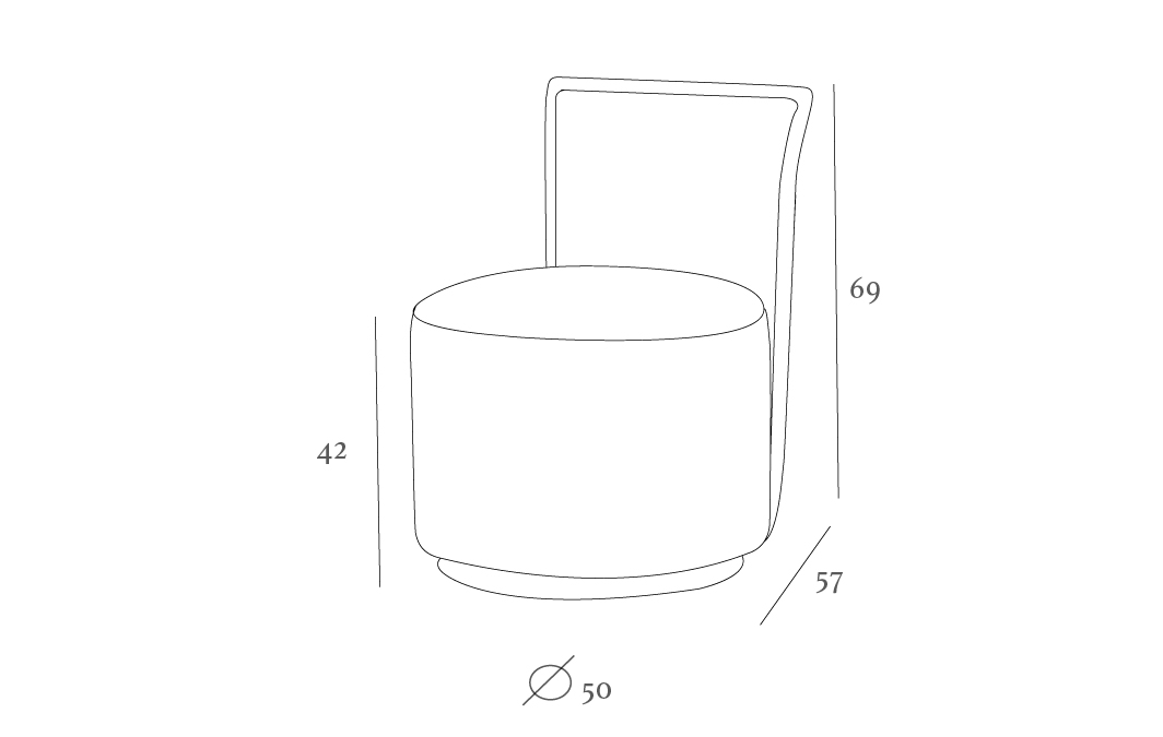 Line drawing of a chair with a round seat and tall, narrow backrest. Dimensions: height 69, seat height 42, depth 57, diameter 50.