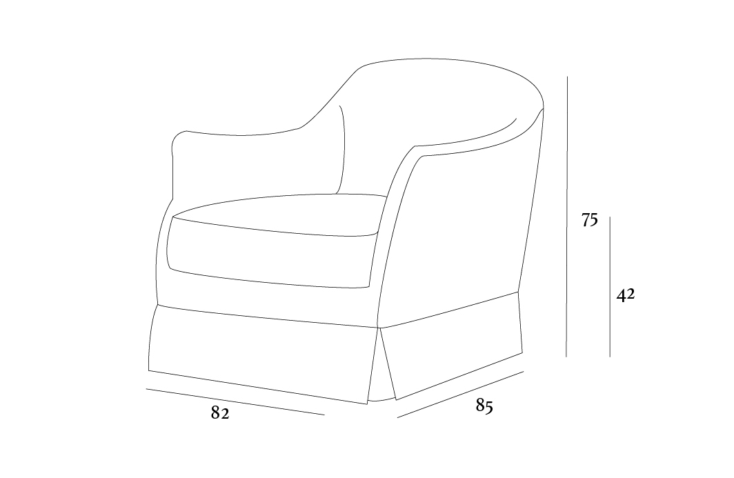 Line drawing of an armchair with dimensions. Height: 75 cm, seat height: 42 cm, width: 82 cm, depth: 85 cm.