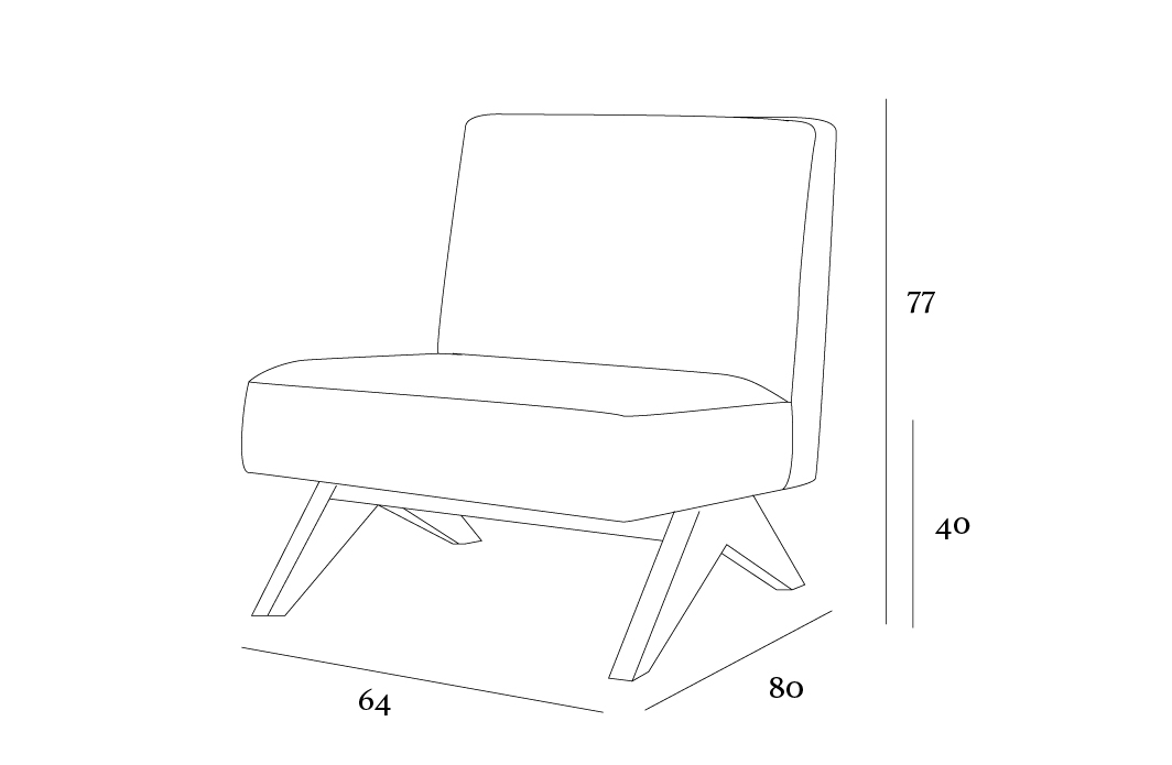 Line drawing of a modern chair with angled legs. Dimensions: height 77 cm, seat height 40 cm, width 64 cm, depth 80 cm.