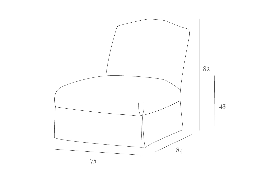 Line drawing of an armless chair with dimensions: height 82 cm, seat height 43 cm, width 75 cm, and depth 84 cm.
