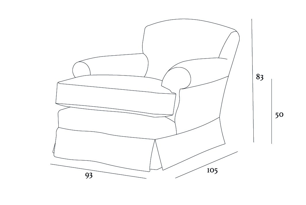 Line drawing of an upholstered armchair with dimensions: height 83, seat height 50, width 93, and depth 105.