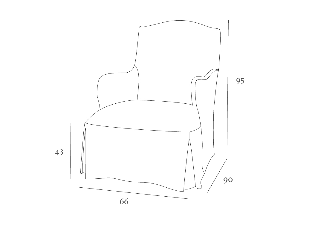 Line drawing of an armchair with dimensions: 95 cm height, 90 cm depth, 66 cm width, and 43 cm seat height.
