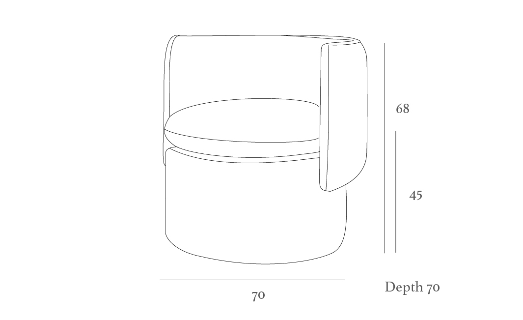 Line drawing of a round chair with a curved backrest. Dimensions: height 68 cm, seat height 45 cm, depth 70 cm.