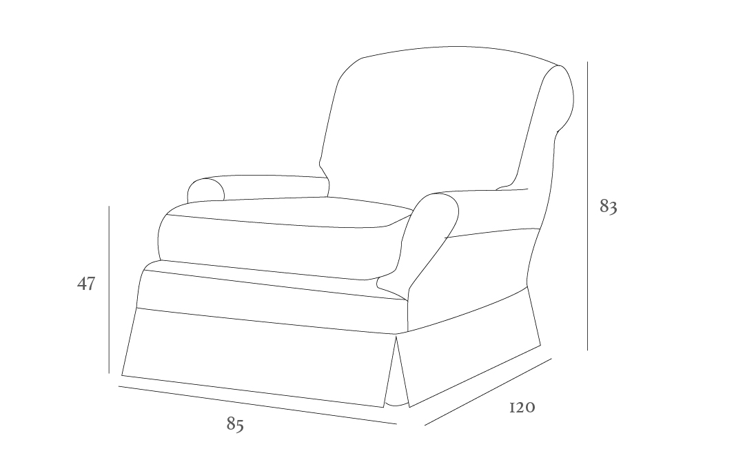 Line drawing of an upholstered armchair with dimensions: 83 cm height, 120 cm depth, 85 cm width, and 47 cm seat height.