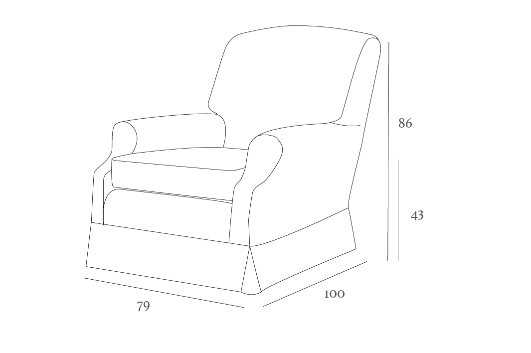 Line drawing of an upholstered armchair with dimensions: height 86 cm, depth 100 cm, width 79 cm, and seat height 43 cm.