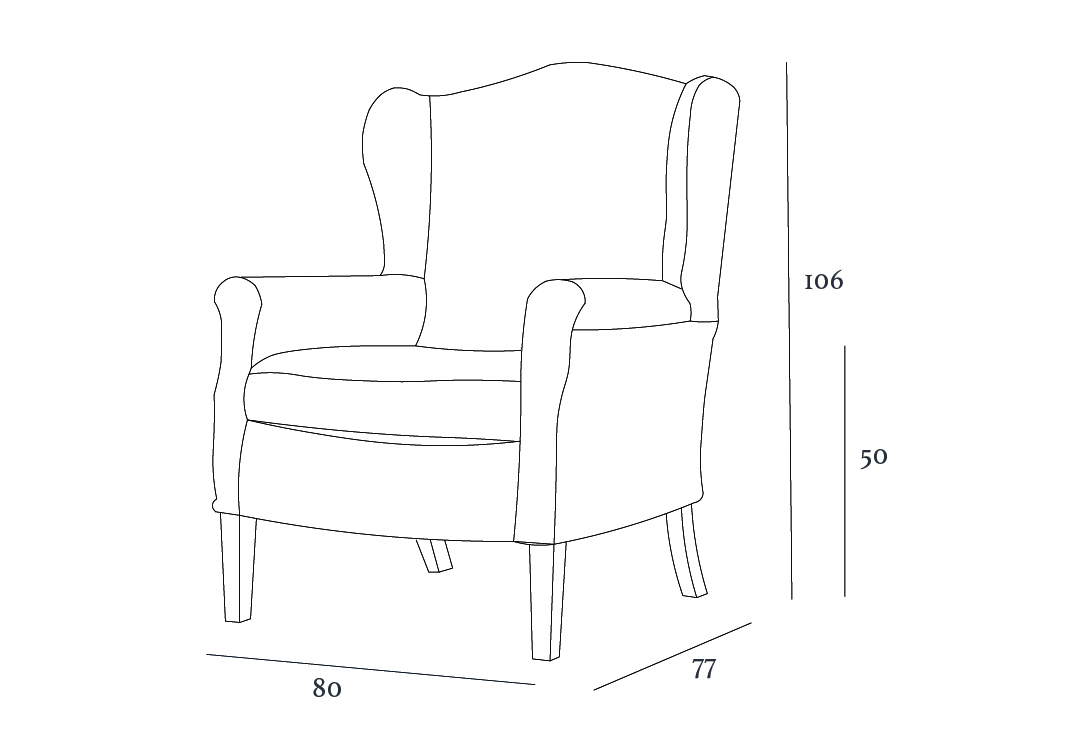 Line drawing of a wingback armchair with dimensions: height 106 cm, seat height 50 cm, width 80 cm, and depth 77 cm.