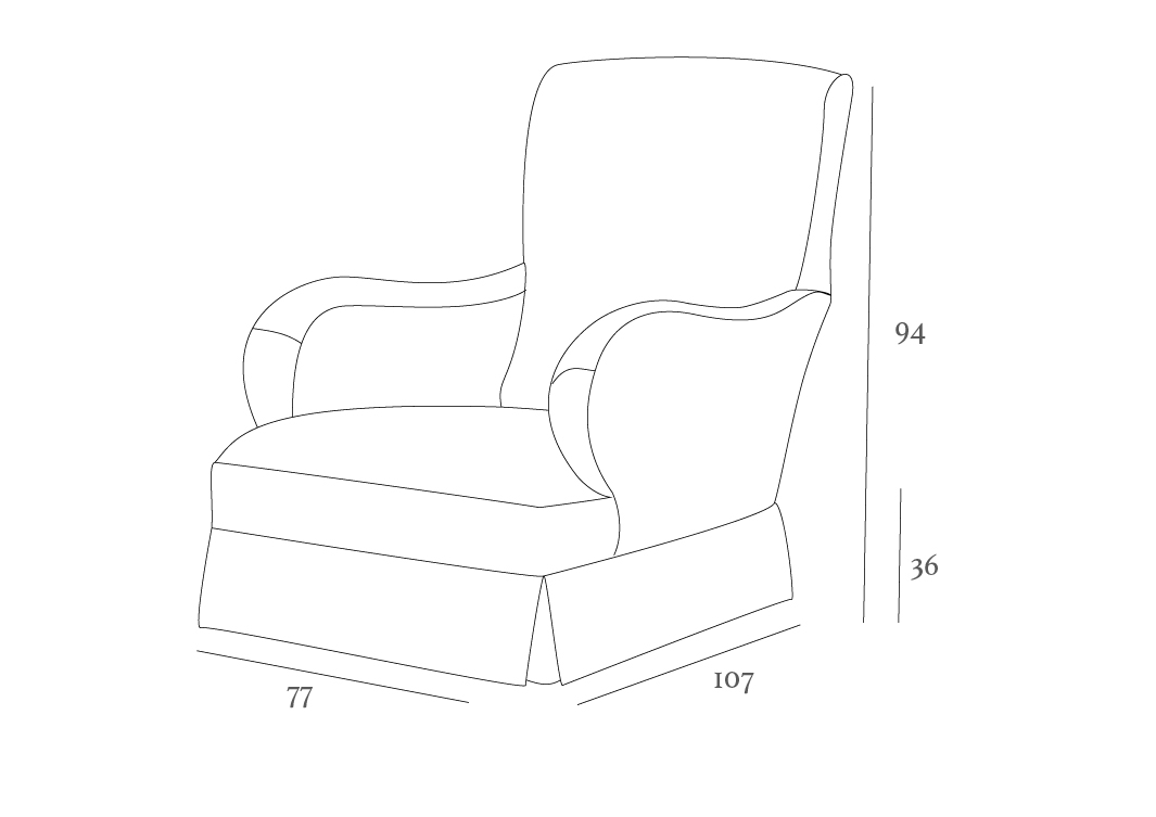 Line drawing of an upholstered armchair with dimensions: height 94, seat height 36, width 77, and depth 107.