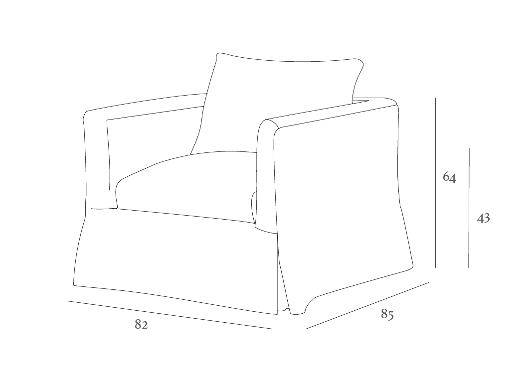 Line drawing of an armchair with dimensions: width 82 cm, depth 85 cm, back height 64 cm, seat height 43 cm.