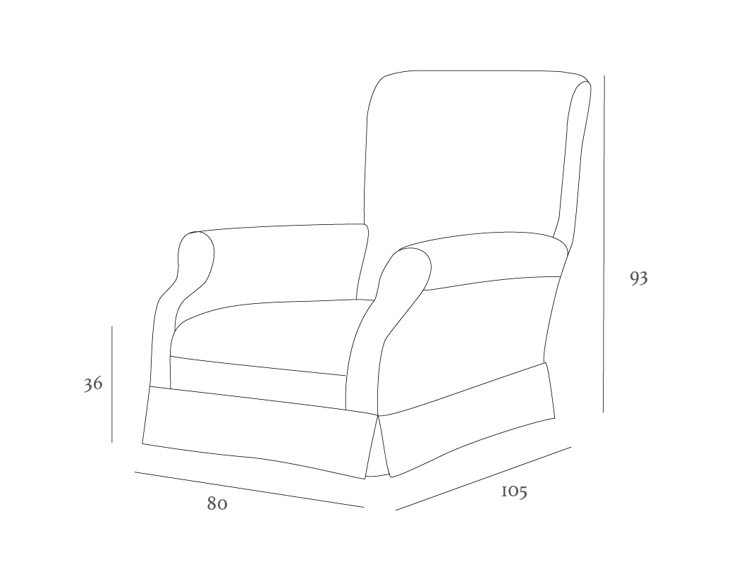 Line drawing of an upholstered armchair with dimensions: 93 cm tall, 80 cm wide, and 105 cm deep.