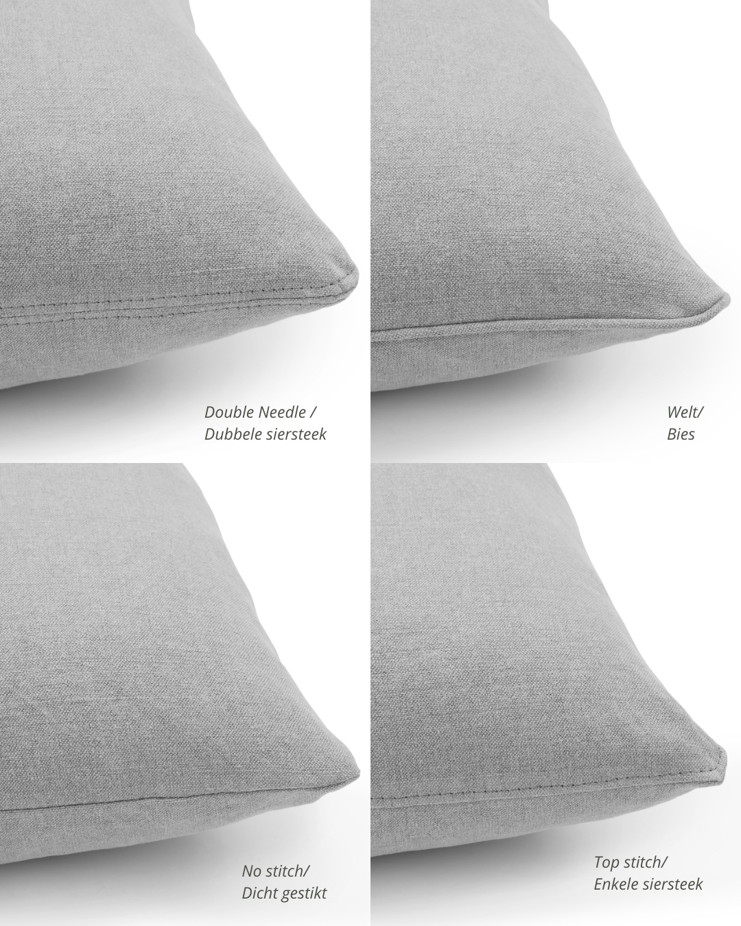 Close-up comparison of cushion seam finishes by Collett & Victor, showing four options: double needle stitch, welt piping, no stitch, and top stitch.