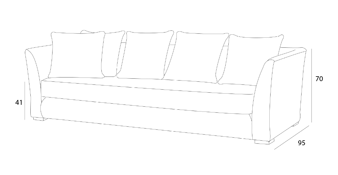 Line drawing of a sofa with four cushions, featuring dimensions: 41 cm seat height, 70 cm back height, and 95 cm depth.