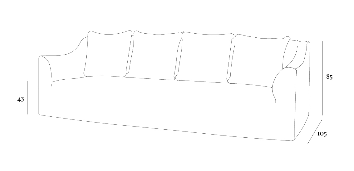Line drawing of a sofa with four cushions. Dimensions are marked: height 85, depth 105, and seat height 43.