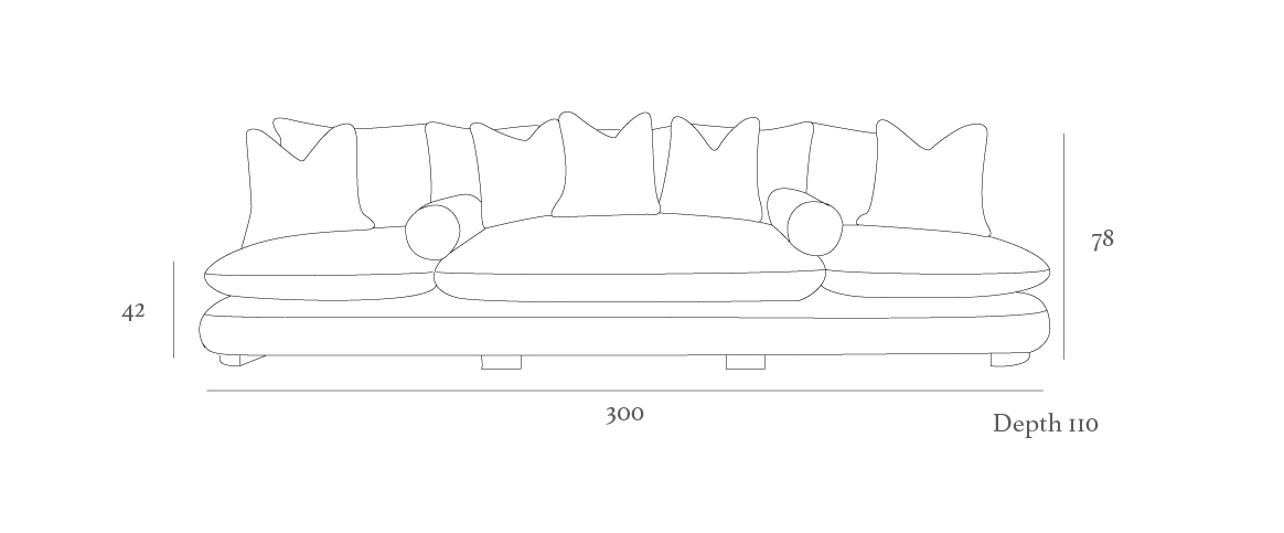 Line drawing of a sofa with multiple cushions and two round bolsters, dimensions 300x110x78 cm, and a seat height of 42 cm.