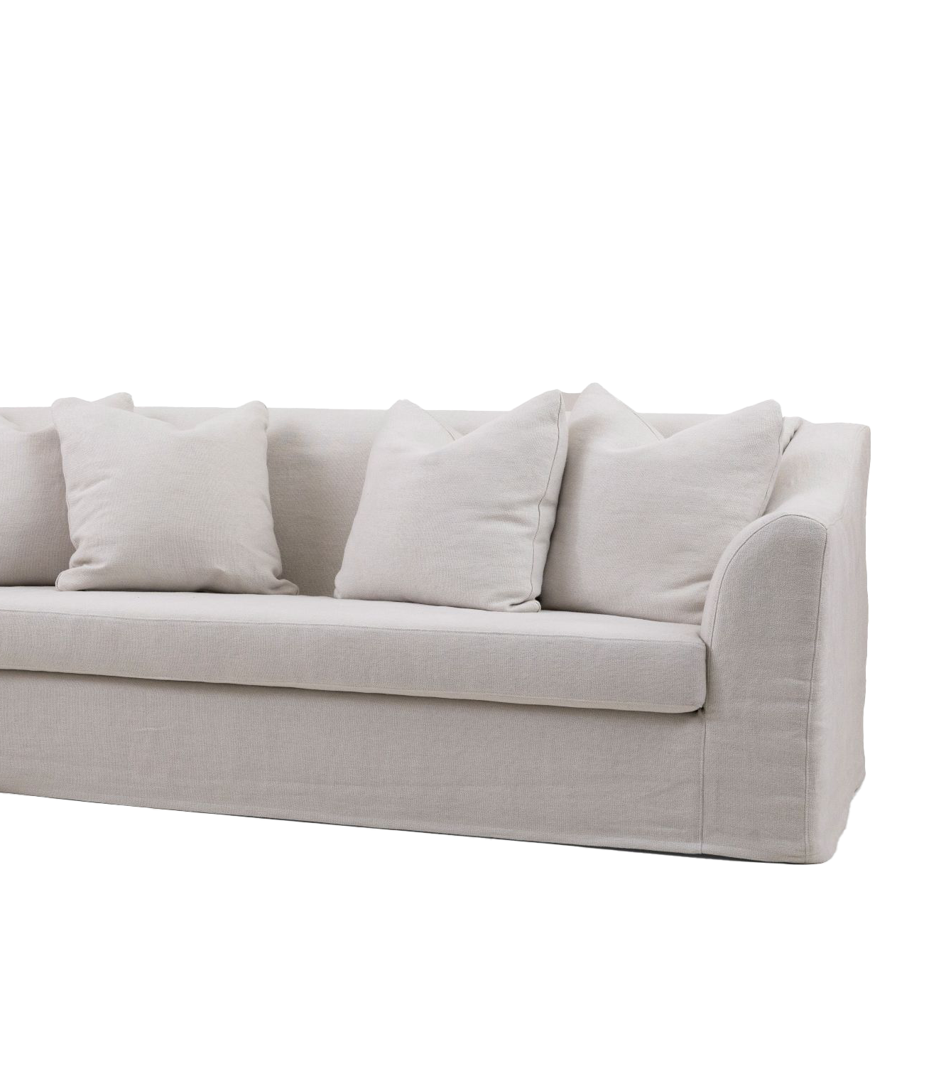 Close-up image of the Toscana Loose Seat sofa featuring a light beige fabric with five plush cushions and rounded arms.