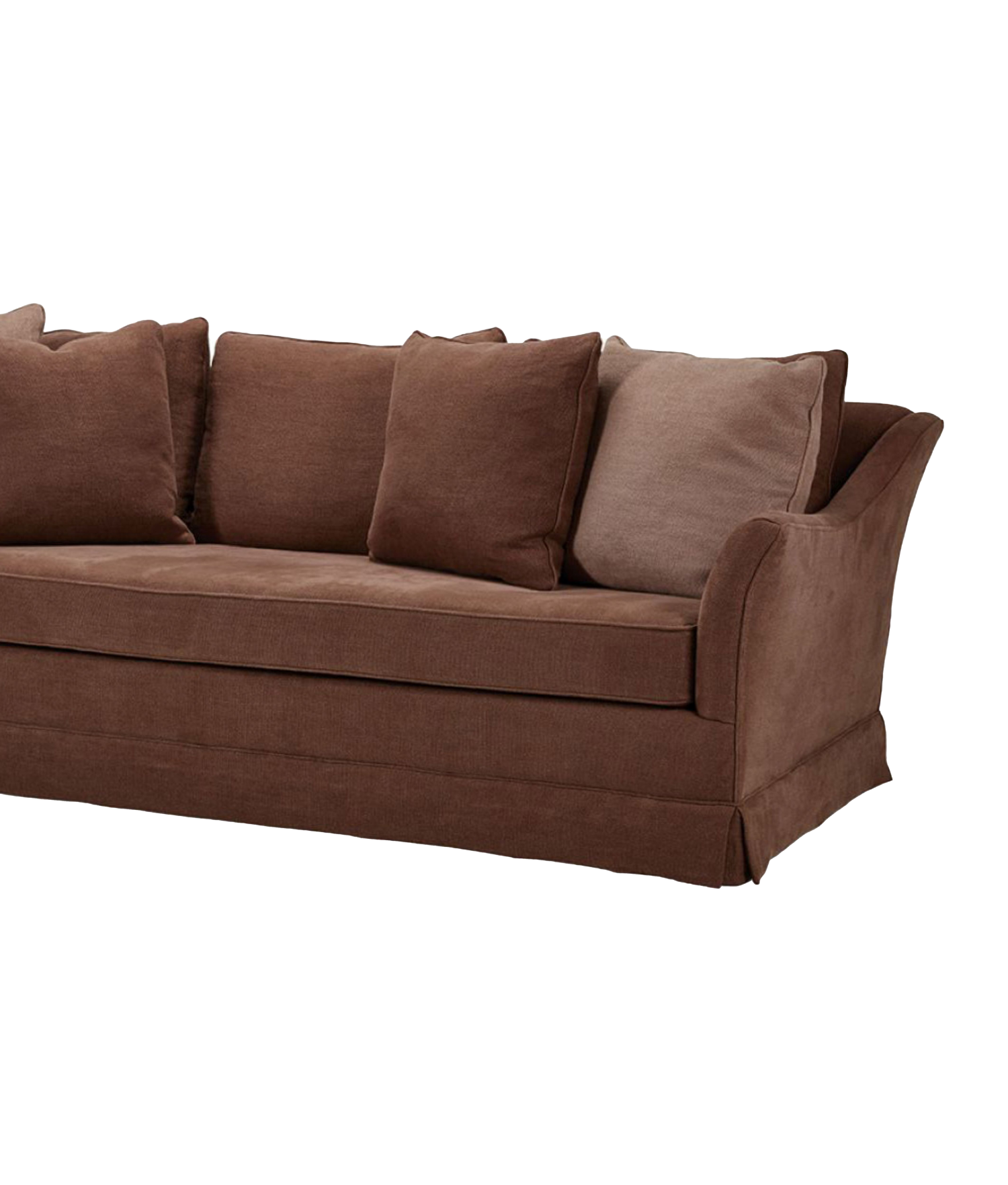 Brown Louisa loose seat sofa with five cushions, featuring sloped arms and a tailored skirt.