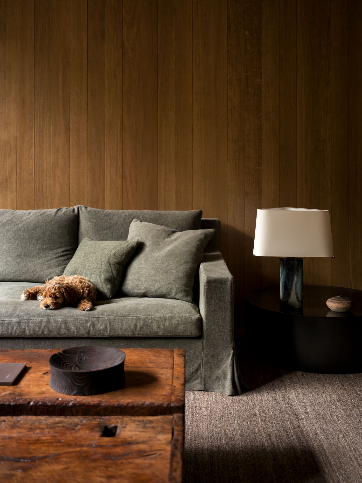 "Living room with a green Charlie sofa featuring clean lines and three back cushions, a small dog resting on the seat, a rustic wooden coffee table in the foreground, and a black side table with a ceramic lamp and bowl.