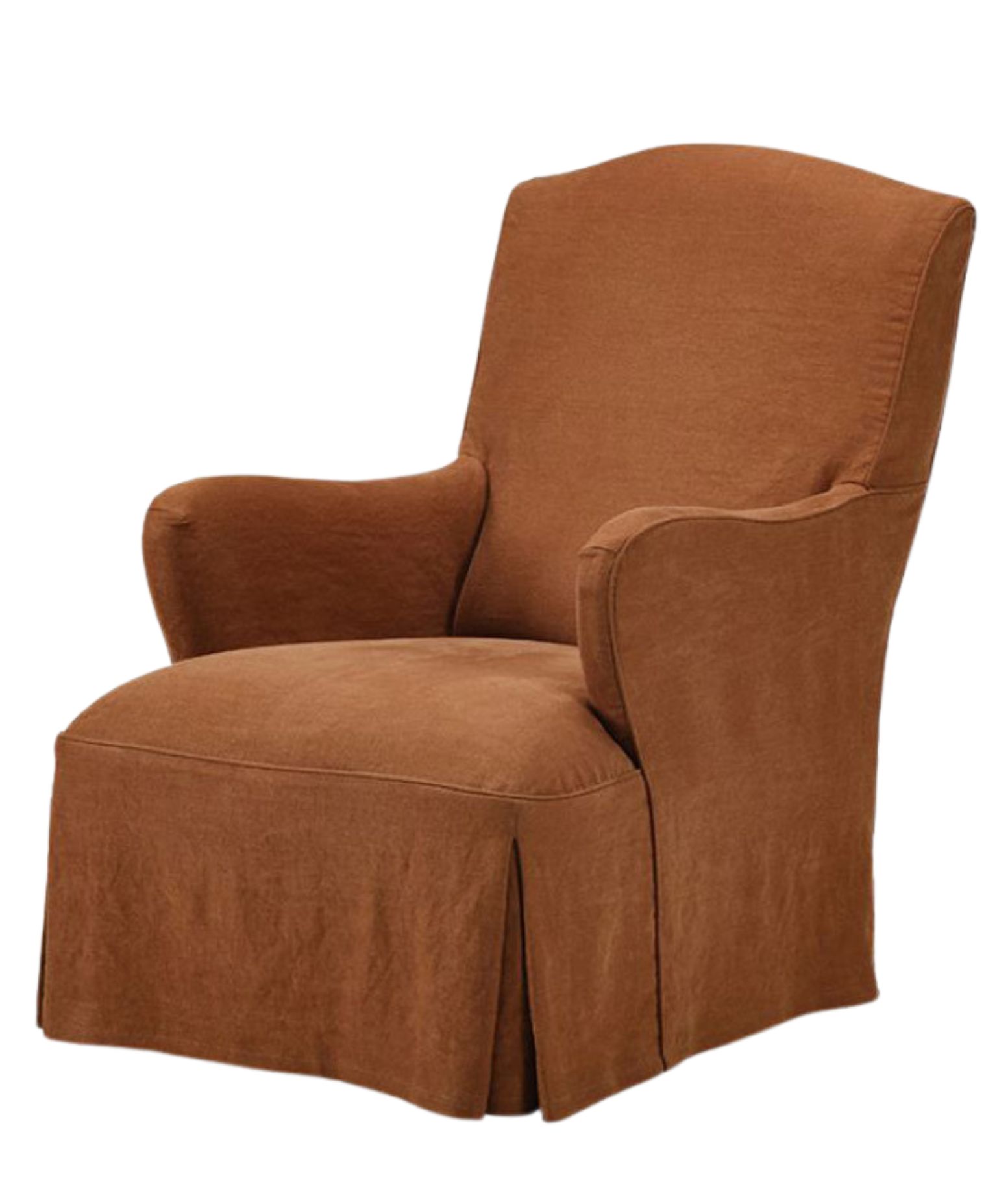 A warm brown, classic one-seater armchair with curved armrests and a loose, pleated skirt. The upholstery has a soft, linen texture, offering a cozy and timeless look.