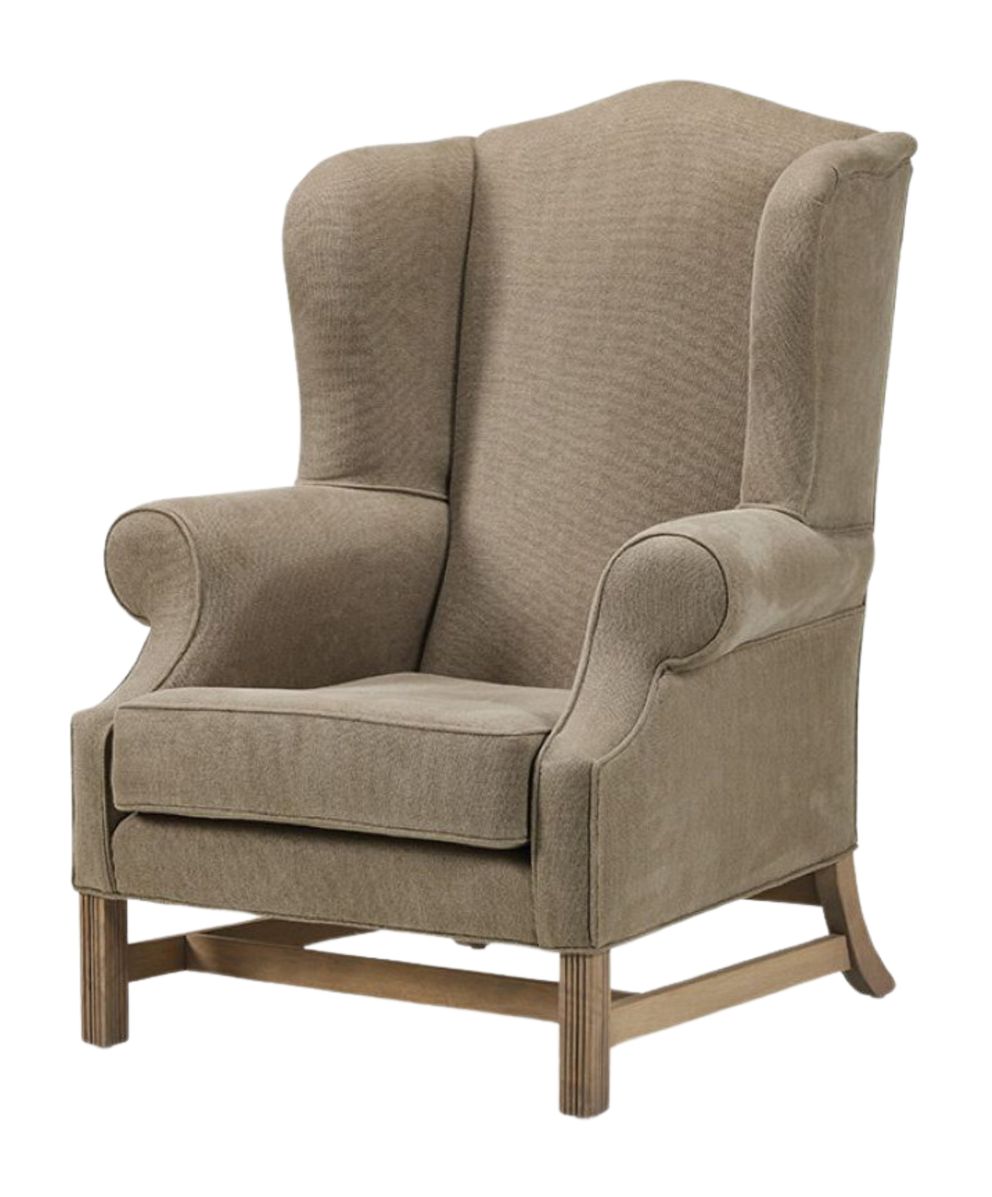 Pichelot one-seater wingback armchair in taupe fabric with wooden legs.