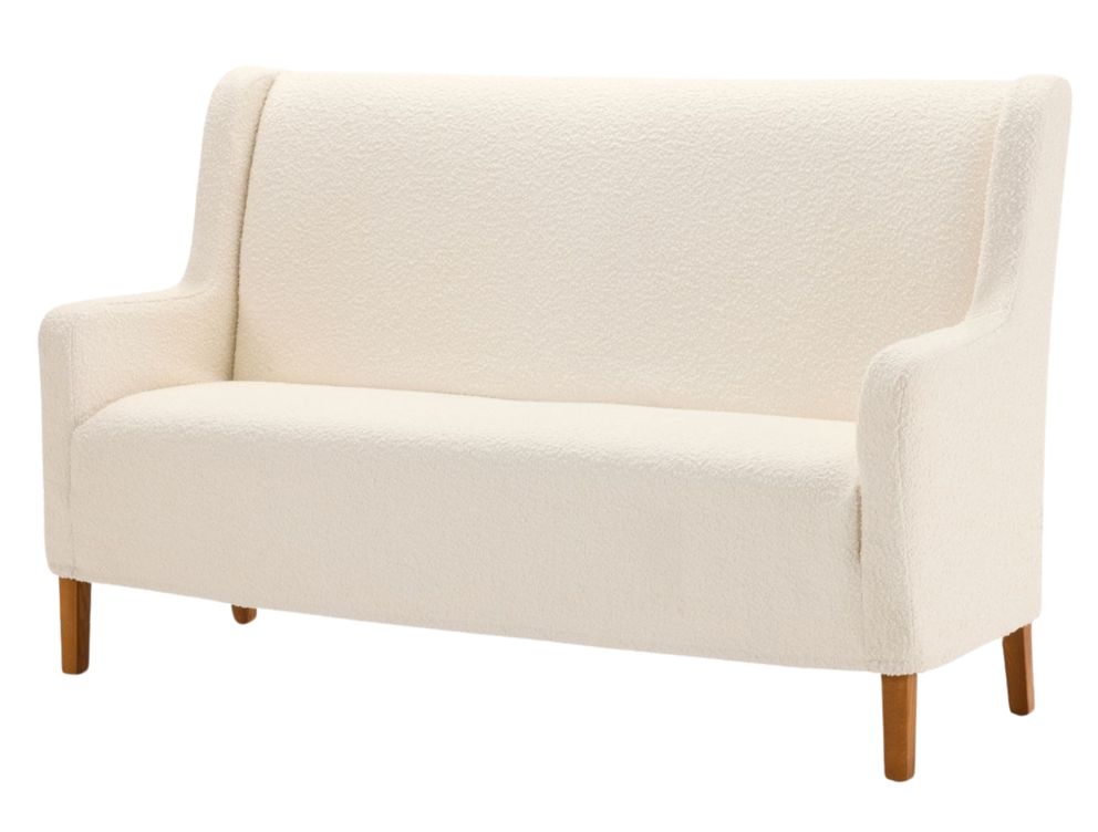 Collett & Victor Cardiff bench in ivory boucle fabric with slim high backrest, gently curved arms, and tapered wooden legs. Compact upholstered bench ideal for bedrooms or hallway seating.