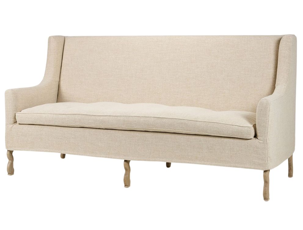 Classic upholstered bench with elegant wooden legs and deep seat cushion. A timeless design for dining, living rooms, or boutique interiors.
